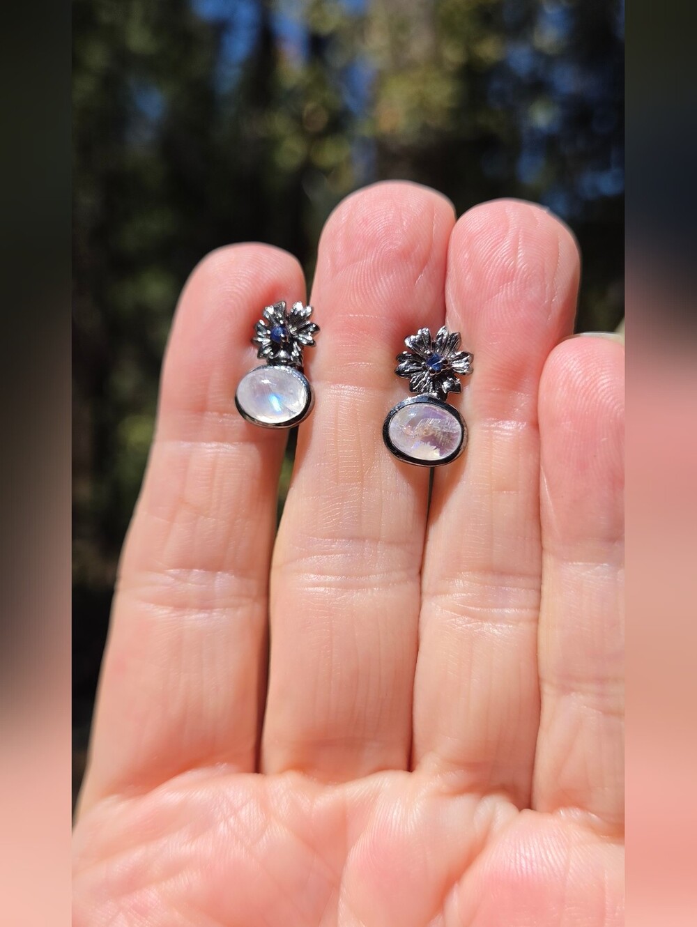 Moonstone 4k & Sapphire Sterling&Rhodium Floral Drop Earrings - Picture 6 of 9